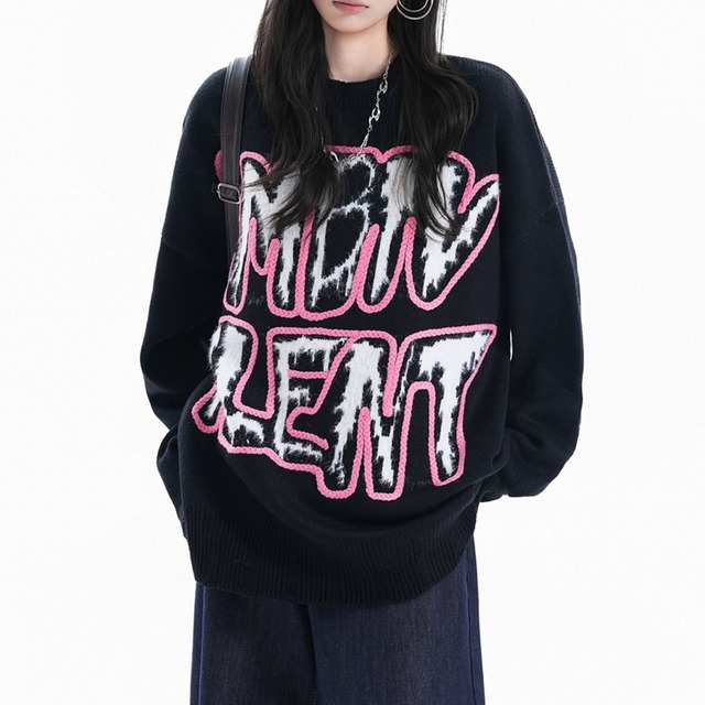 グラフィックアウトラインルーズニットトップス 2col R01326