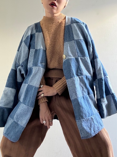 80s Vintage Patchwork Denim Collarless Jacket