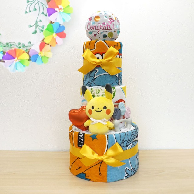 ピカチュウ おむつケーキ タオルセット＆ベビーアイテム付き イエロー 男女共用 3段 pika-t3