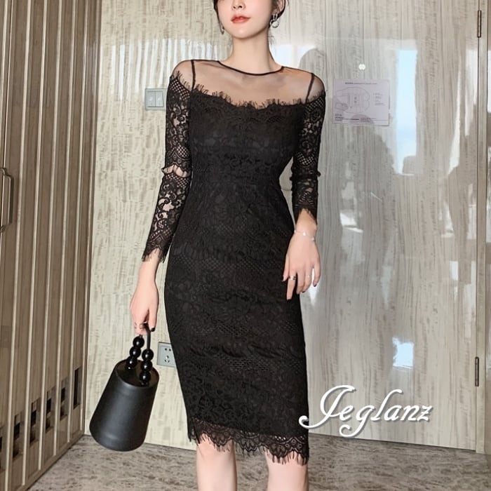 総レース パーティ ドレス ワンピース スカラップ タイト エターナル 2色 (M8349)ζ