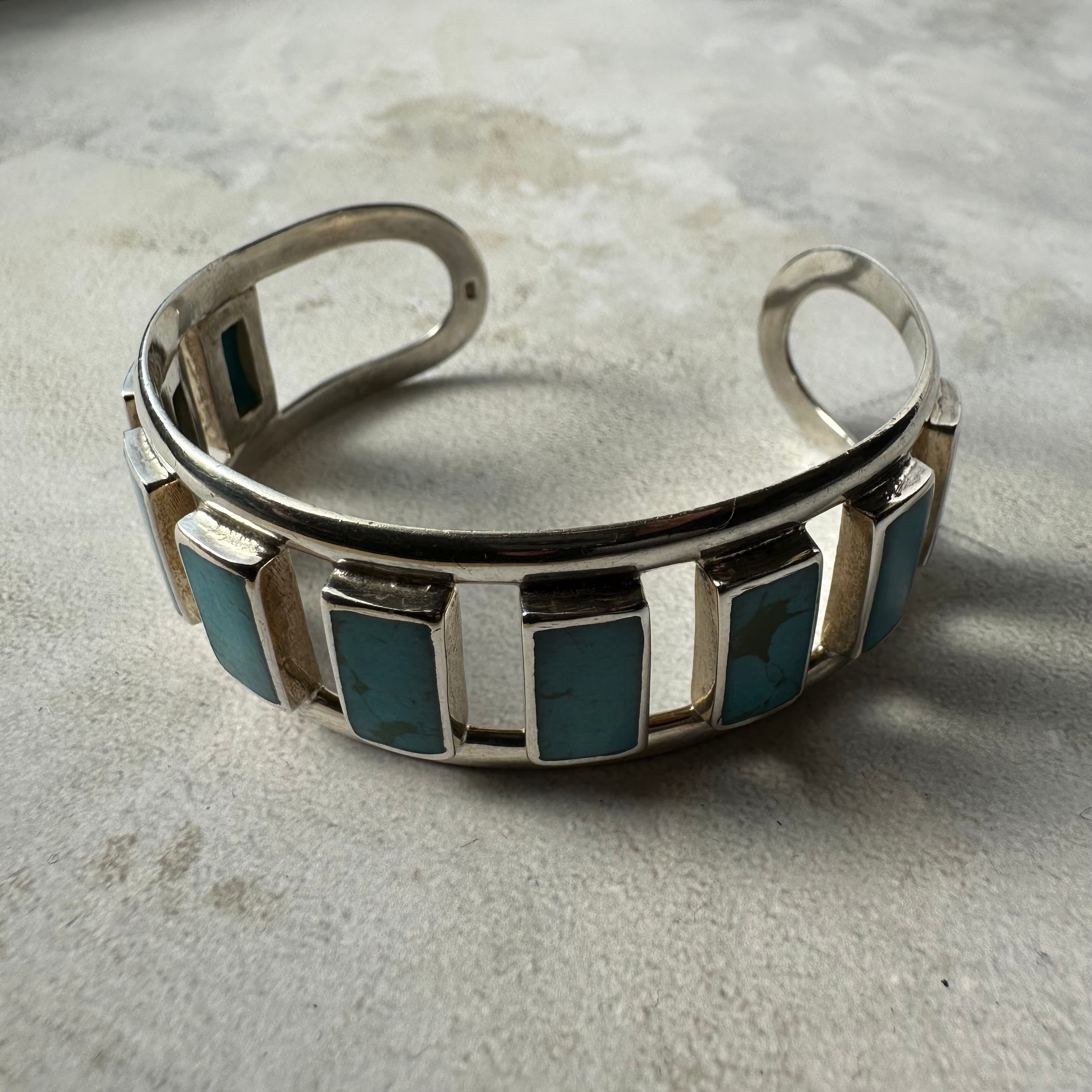 Vintage Heavy Modernist Turquoise Bracelet Silver925 Made in USA