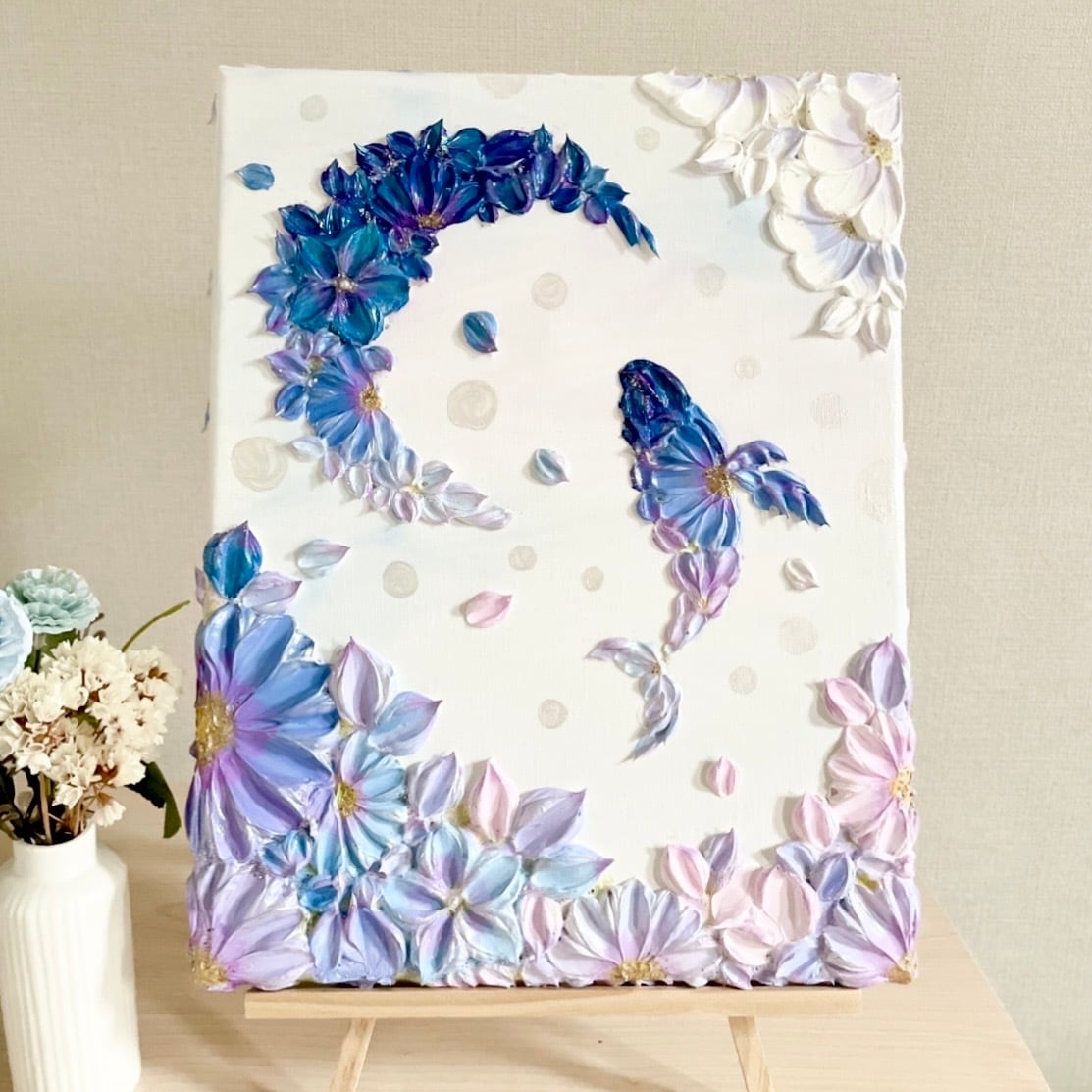 「花和の幸来」35×27㎝　玄関インテリア　テクスチャーアート　鯨の絵画 14b321b649b7a6fb689559633c6e7f