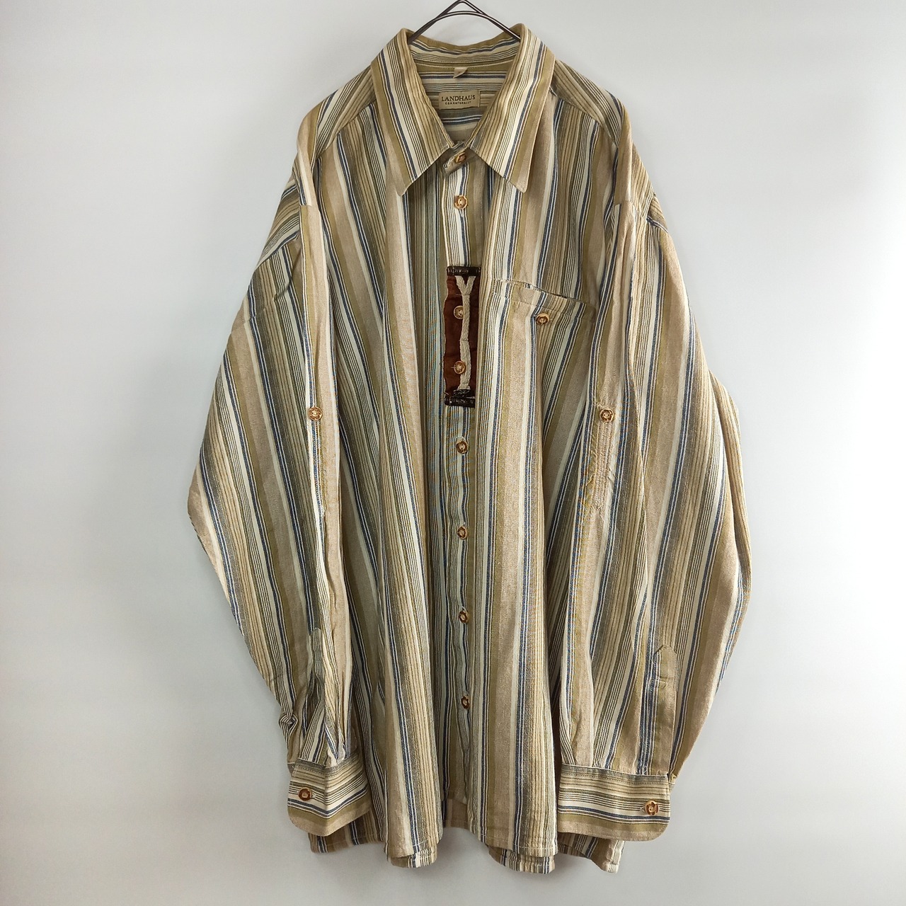 LANDHAUS　チロリアンシャツ　ストライプ　ドイツ古着　カーキ　XXL