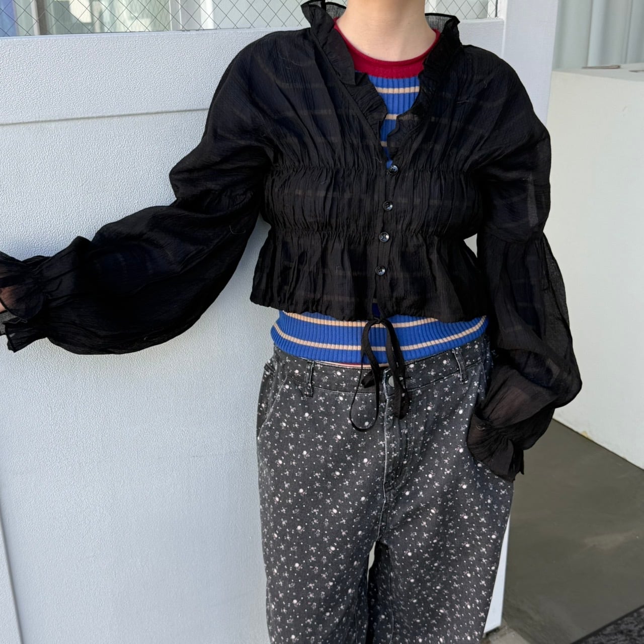 ドロップショルダーシアーギャザーフレアトップス_LN03319