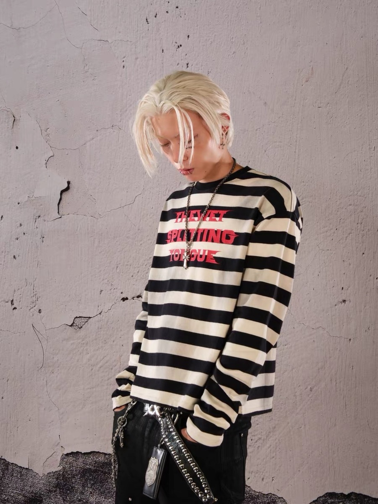【THEWET SPLITTING TONGUE】Wide Striped Long Sleeve Tee