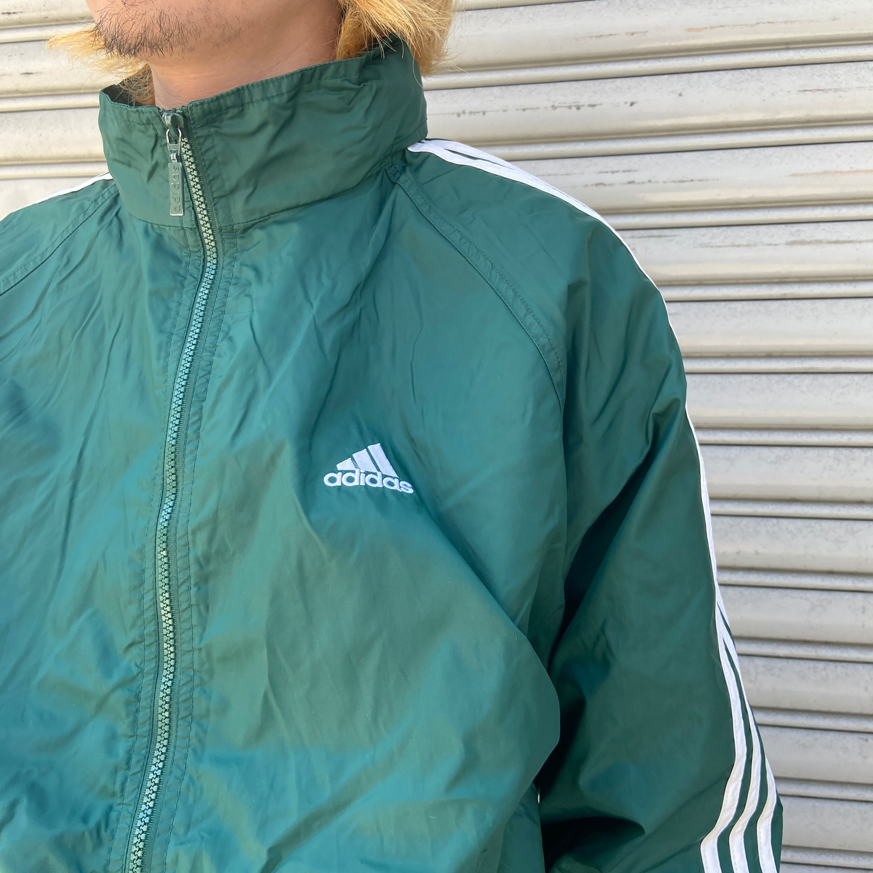 送料無料』90s adidas ナイロンジャケット パフォーマンスロゴ 緑 三本 
