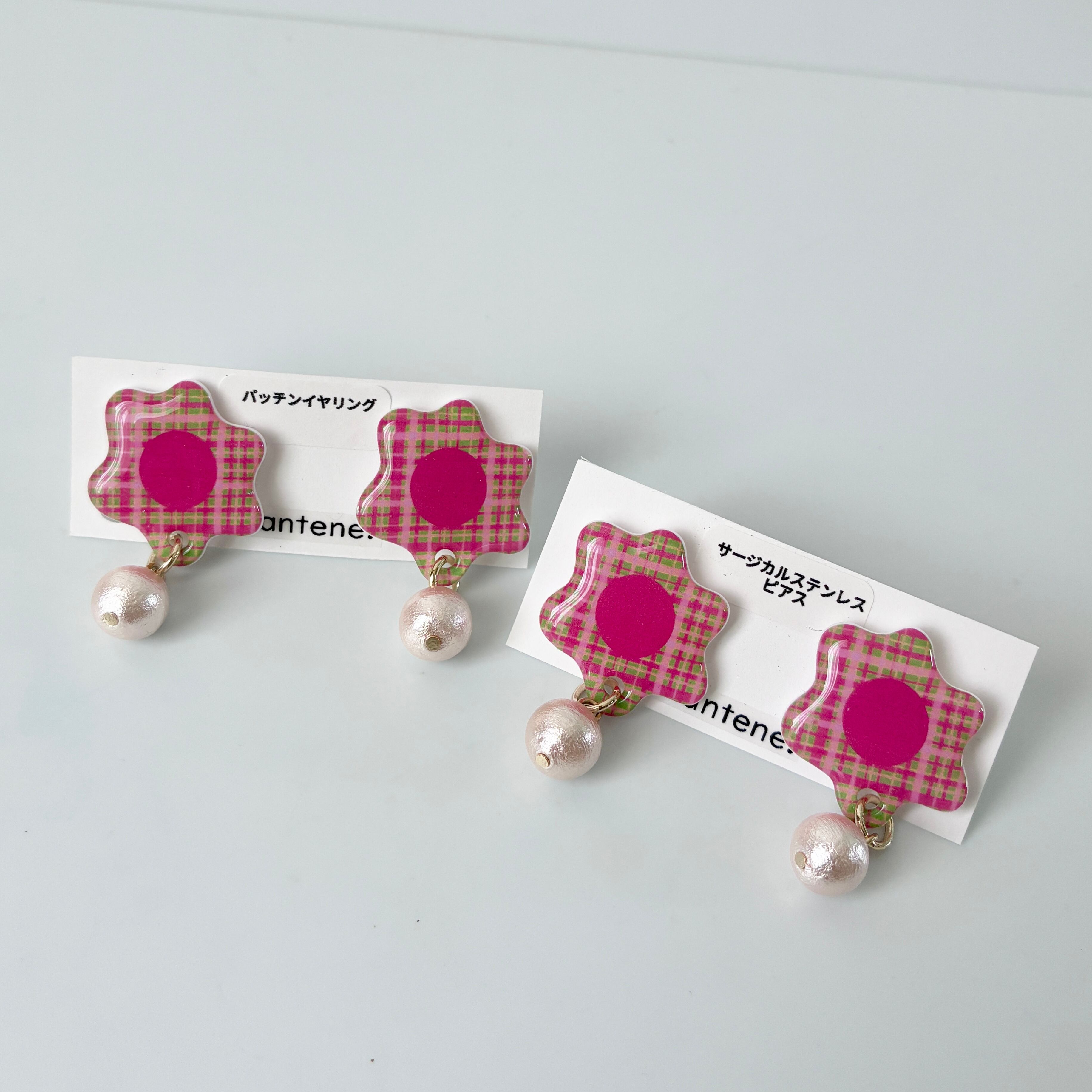 『check flower×コットンパール』ピアス/イヤリング