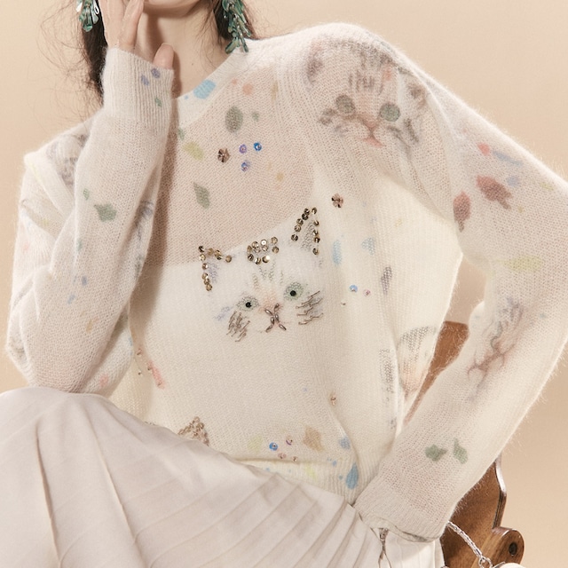 Cat Pattern Thin Knit Long Sleeve Round Neck Pullover Top