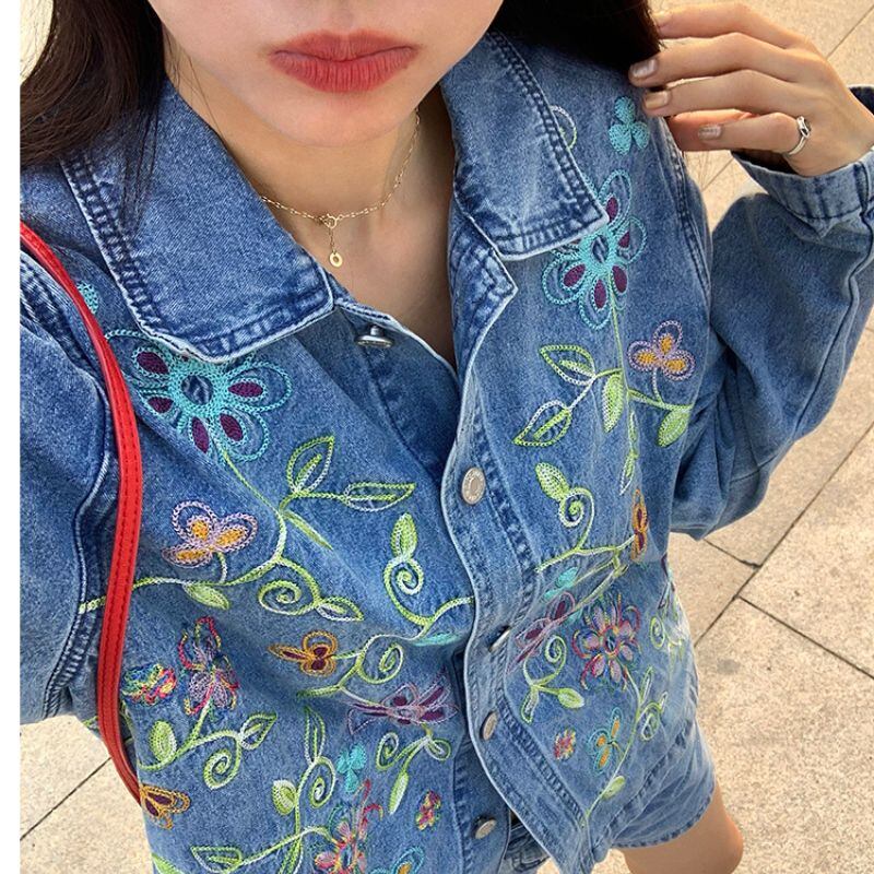 【SET UP可】Flower motif embroidered denim jacket 00460