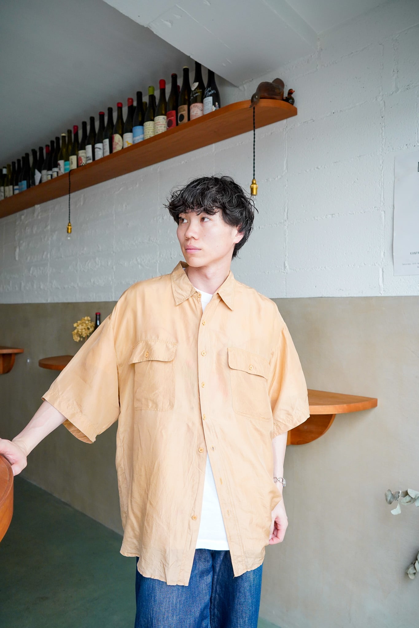 【1990s】"100% Silk" Beige Color Short Sleeve Shirts / 6−152