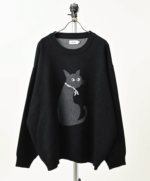 ATELANE Acrylic/Cotton Double Jacquard Sweatshirt-Style Cat Crew Neck (BLK) 26A-21012
