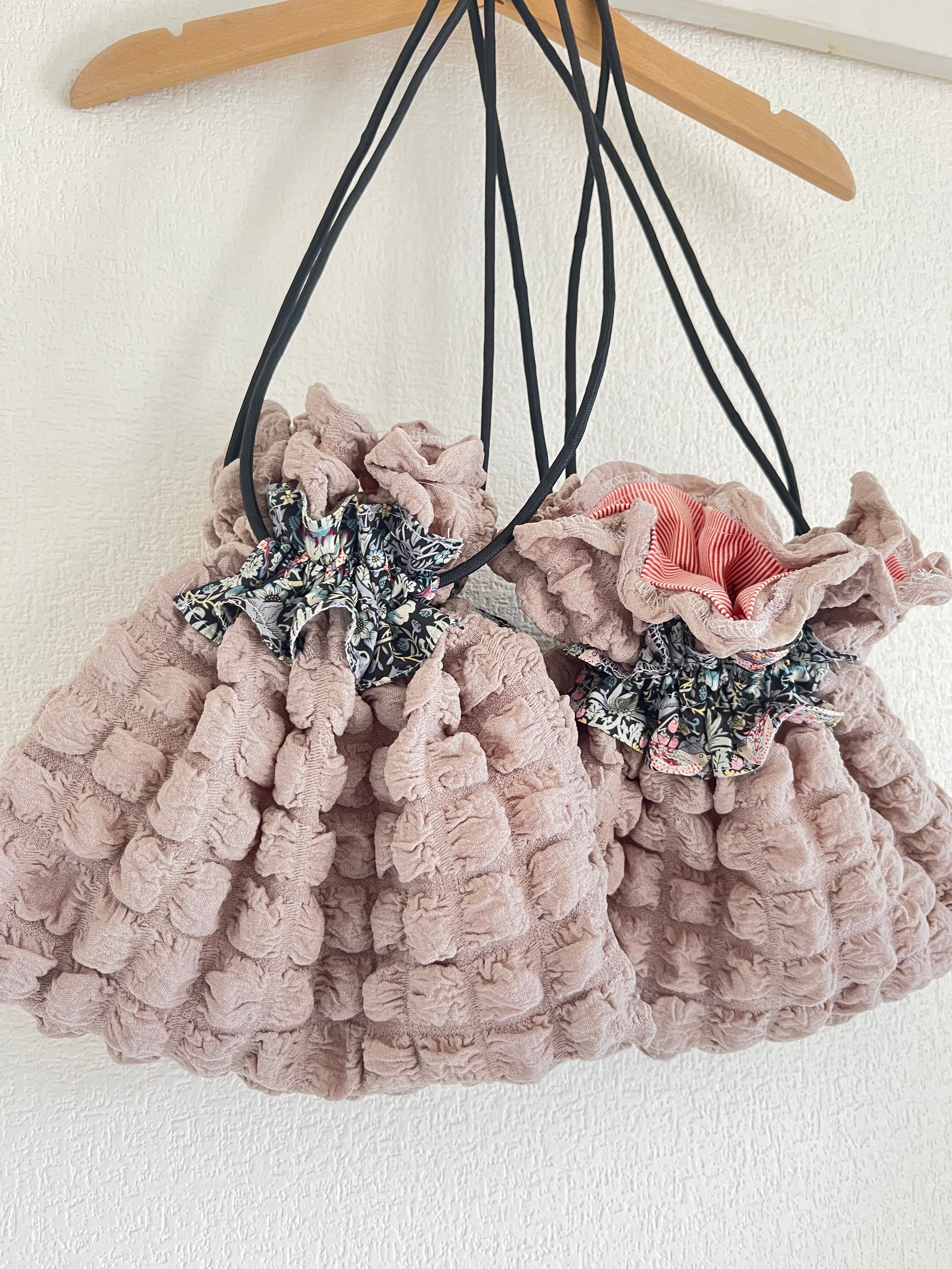 リバティ&ポコポコ生地 肩掛け可能 巾着 バッグ