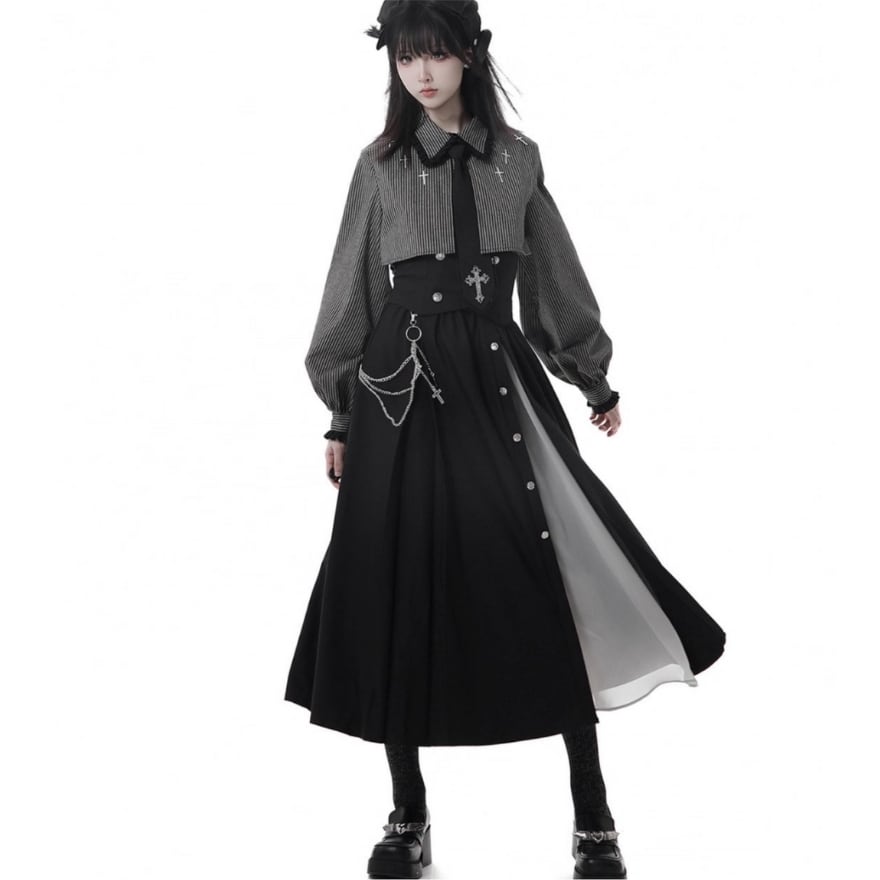 【地雷系・サブカル女子に】 十字架チェーンが揺れる、ボタン&スリットロングスカート pinksavior