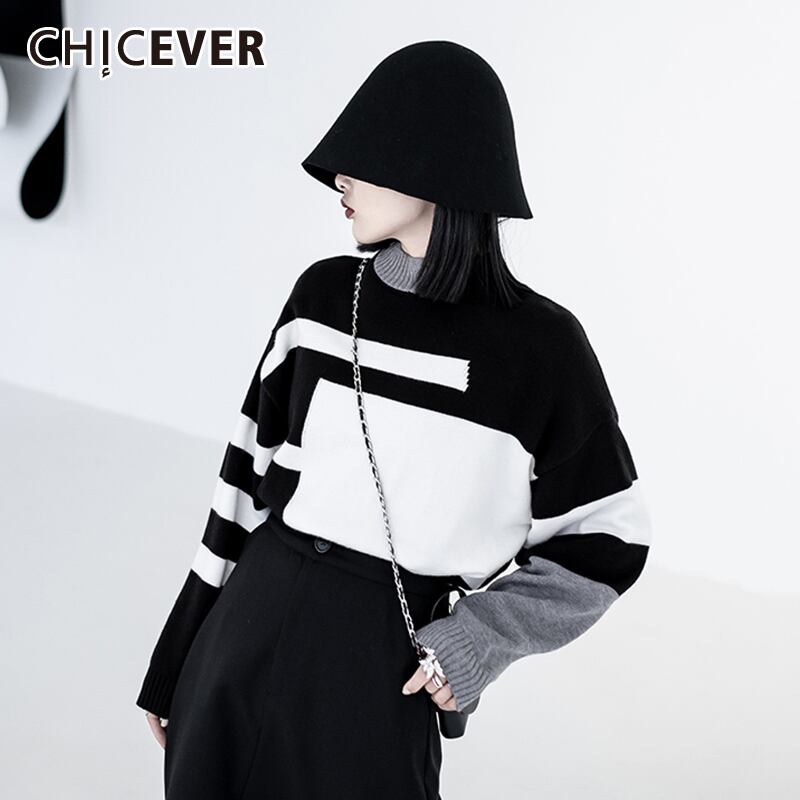 CHICEVER非対称セーター女性Oネック長袖ストライプヒットカラールーズストリートウェアニットプルオーバー2020 ロング 6base563894810761
