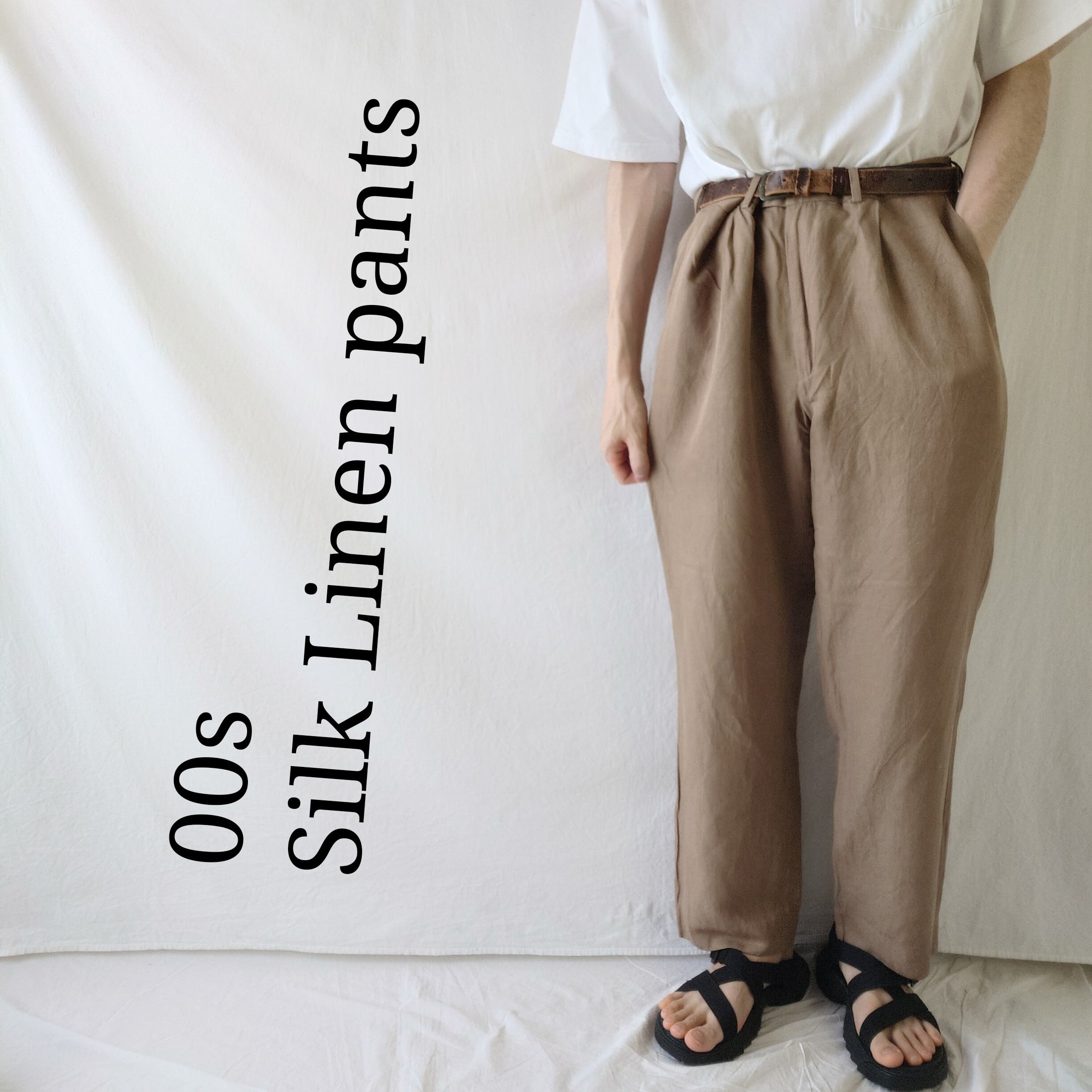 90~00s】古着 ツータック リネンコットンパンツ アイボリー系