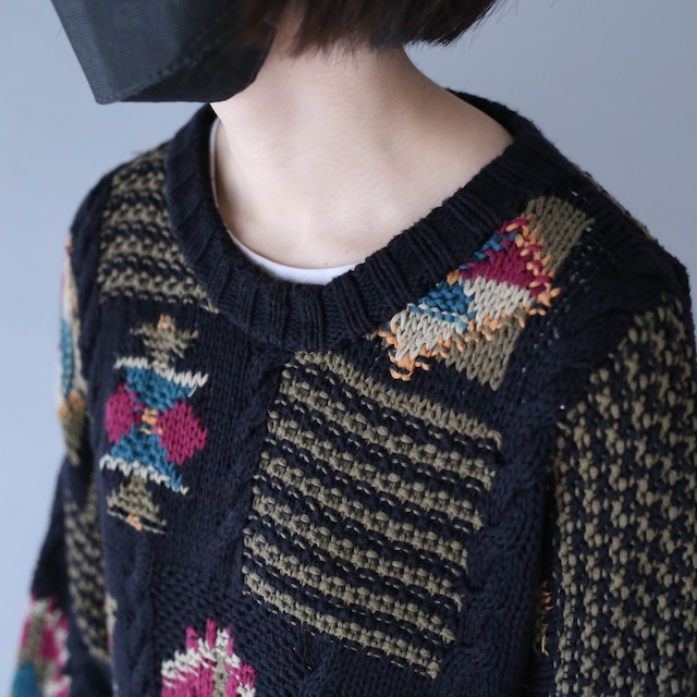 black base art pattern over silhouette cotton knit sweater