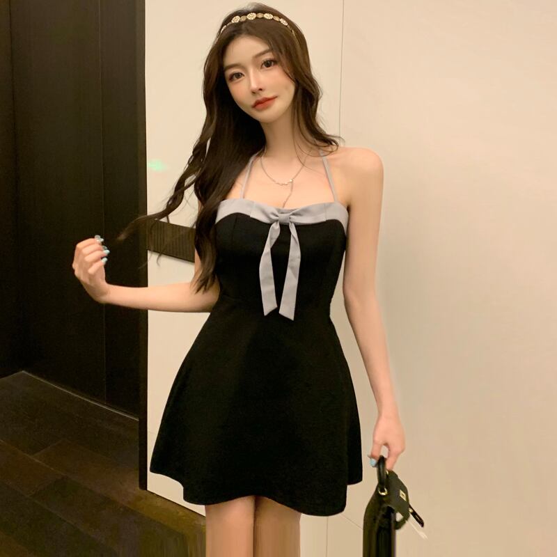 ノースリーブホルターリボンブラックドレス スタイルスリムレディース ピュア ハンチェンe33170336355