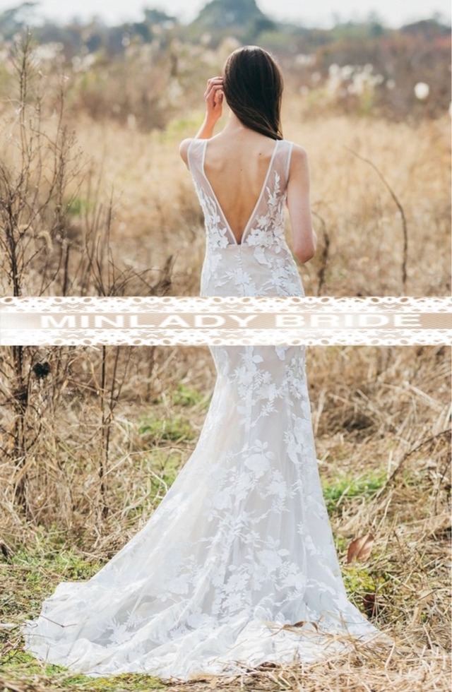 マーメイド ウェディングドレス ノースリーブ フラワーレース