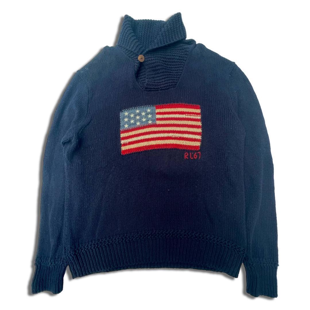 ポロ ラルフローレン リネン シルク混 フラッグセーター L ネイビー POLO Ralph Lauren ラルフ ショールカラー コットンセーター  ニット 90s 00s Y2K アメリカ国旗柄 星条旗柄