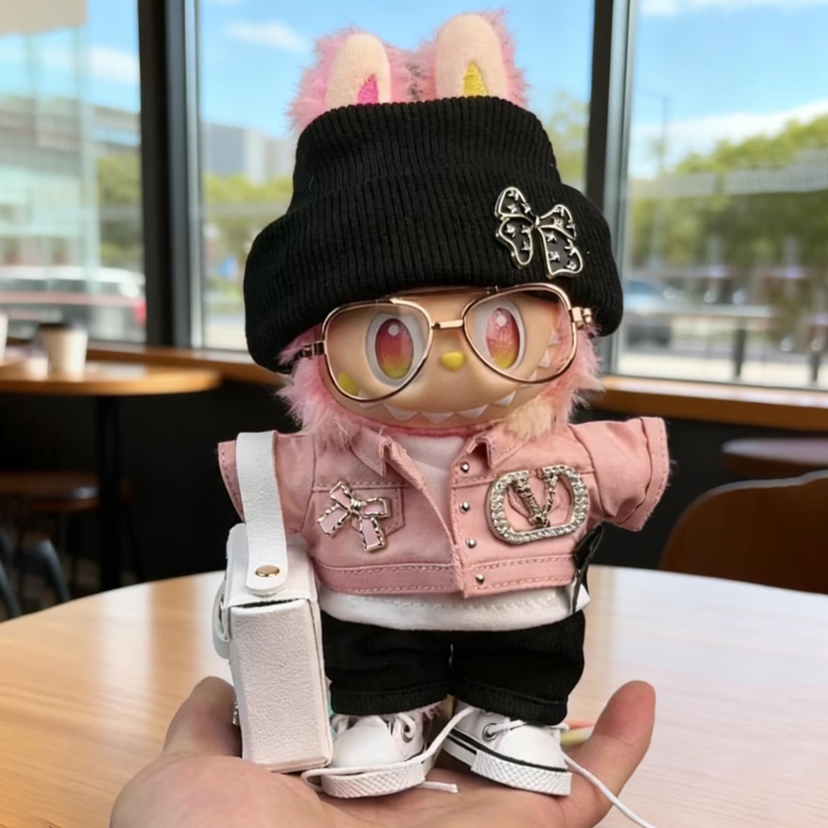 高級感あるディテール!シックで可愛い♡ Labubu 黒ピンク おしゃれ7点セット 大人かわいい 着せ替え コスチューム 上品 15-17cm着用 the monsters