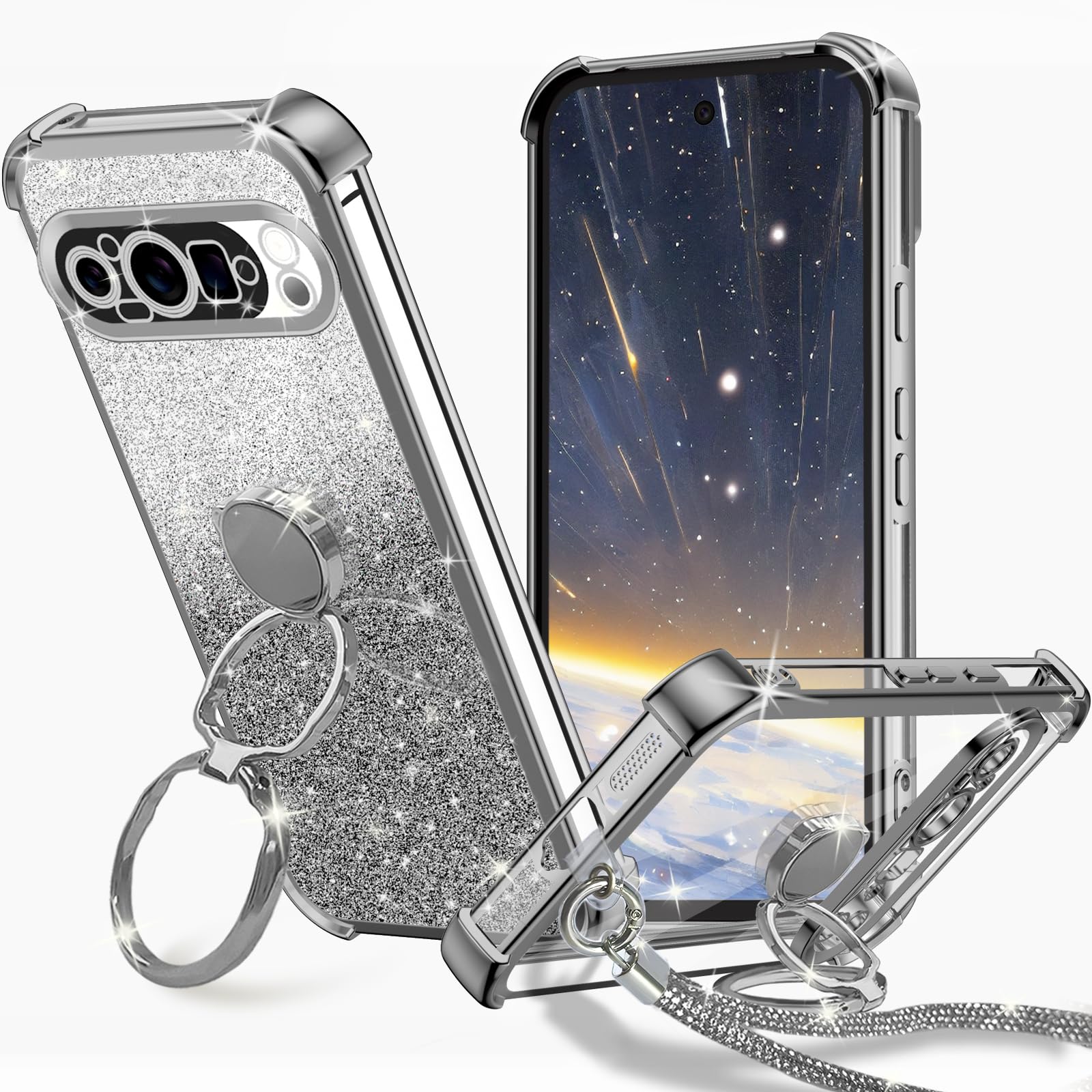 KAJICOO Google Pixel 9 Pro ケース ダブルリング付き グリッターカード&リストストラップ ピクセル9プロ カバー 軽量薄型 キラキラ デザイン可愛い おしゃれ 女子向け レンズ保護 Pixel 9 Pro スマホケース - ゴールド