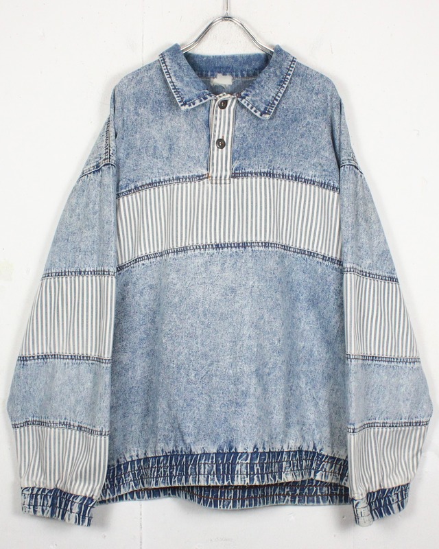 【Caka act2】Stripe Switching Design Vintage Denim Pullover Shirt