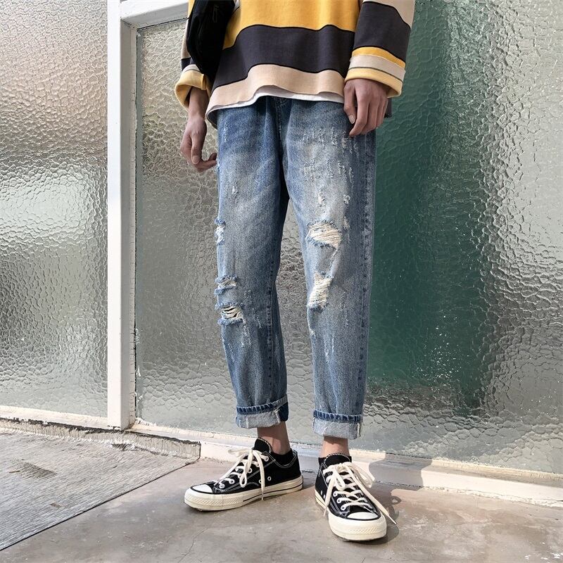 全1色 デニム パンツ ストレート カジュアル ダメージ おしゃれ