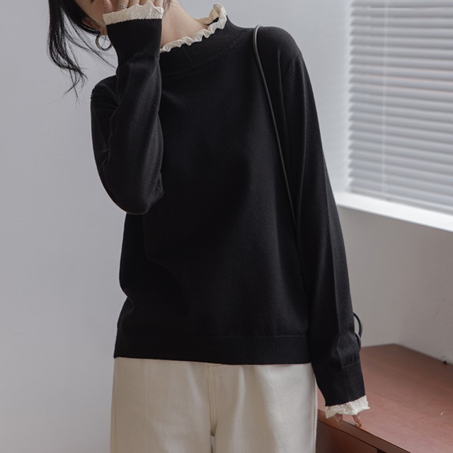 frill neck knit pullover　J00205