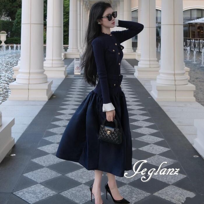 バイカラー ニット ワンピース 異素材 Aライン ボタン 大人きれい ♪ (MB731)γ