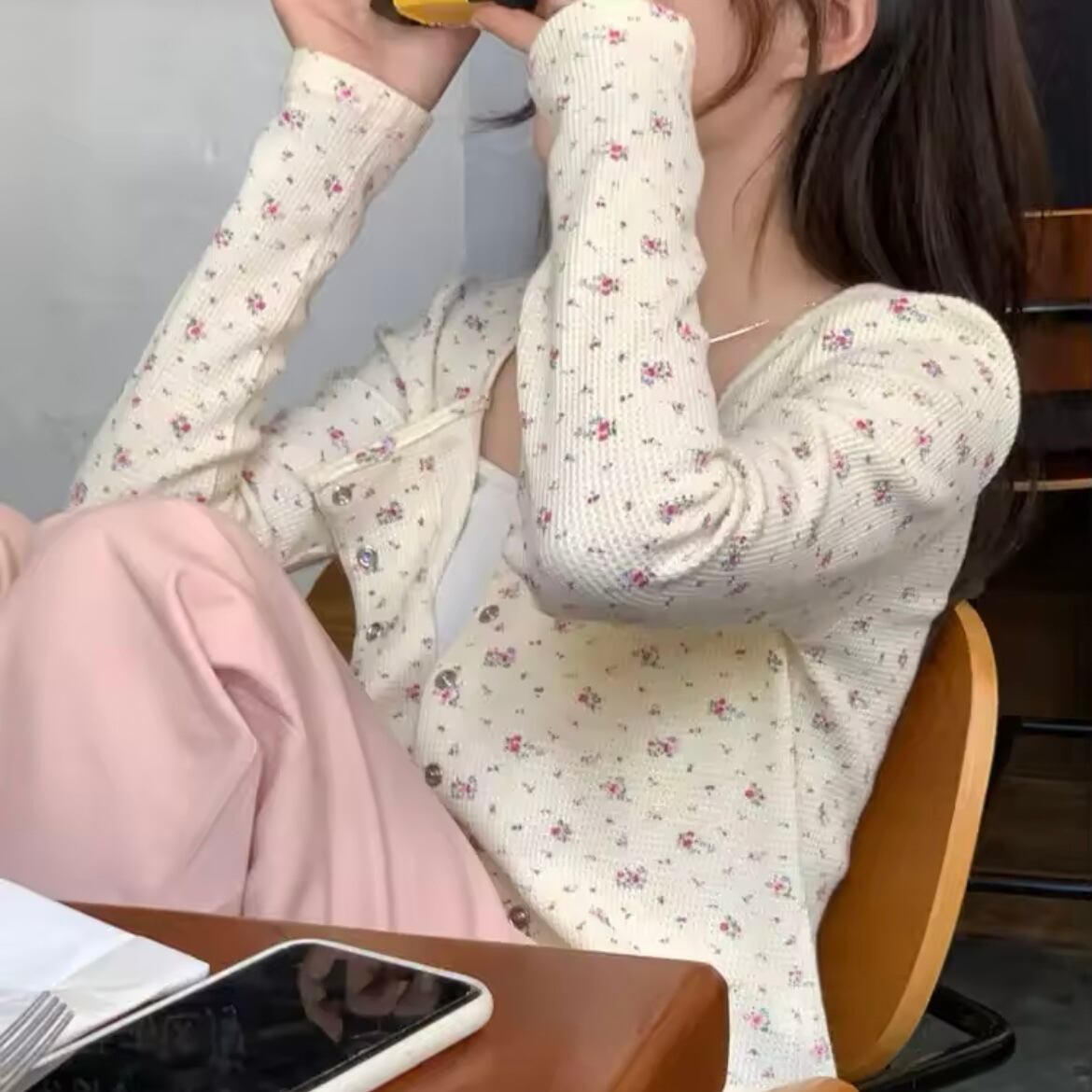 スクエアネックフローラルワッフルカーディガン