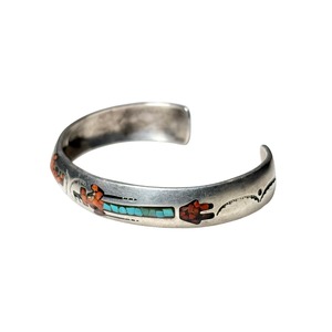 vintage turquoise & coral tip inlay silver bangle