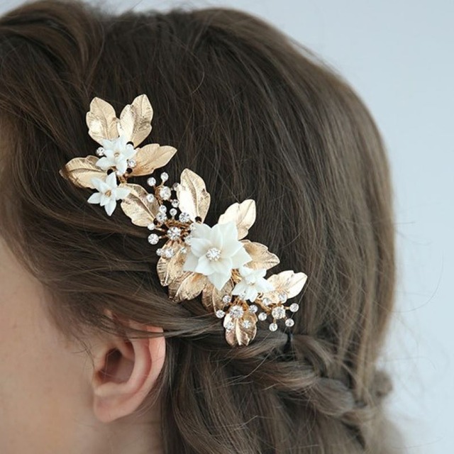 ゴールドリーフクレイウェディングヘアアクセサリー