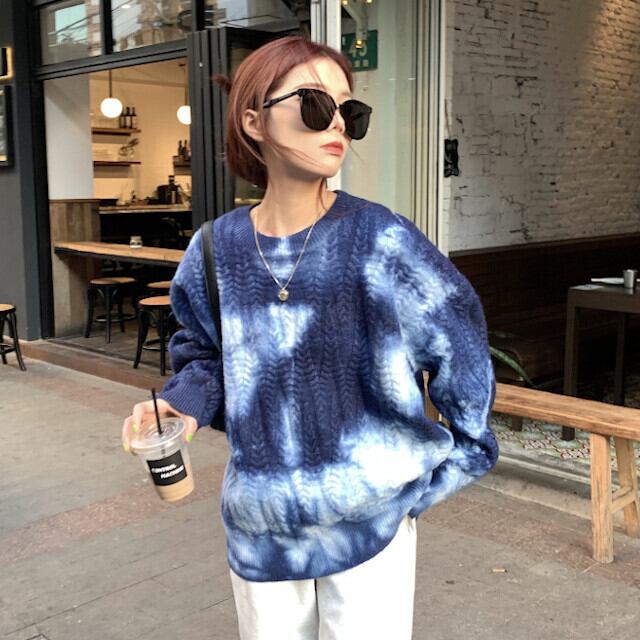 全2色 レディース トップス ケーブルオーバーニット タイダイ ストリート オーバーサイズ ユニセックス ゆるニット ブルー/パープル S/M/L