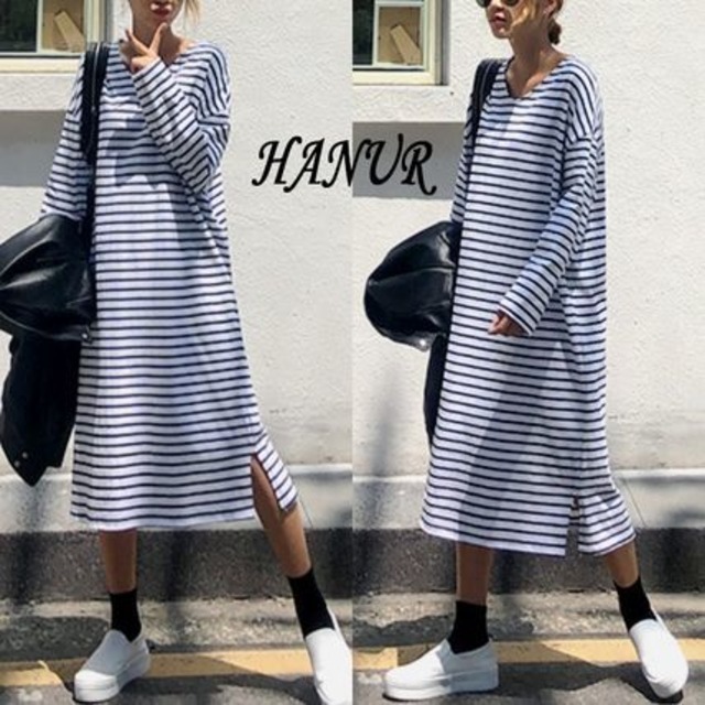 韓国 秋 定番 ボーダー カジュアル Tシャツ ロング ワンピース　２０代・３０代