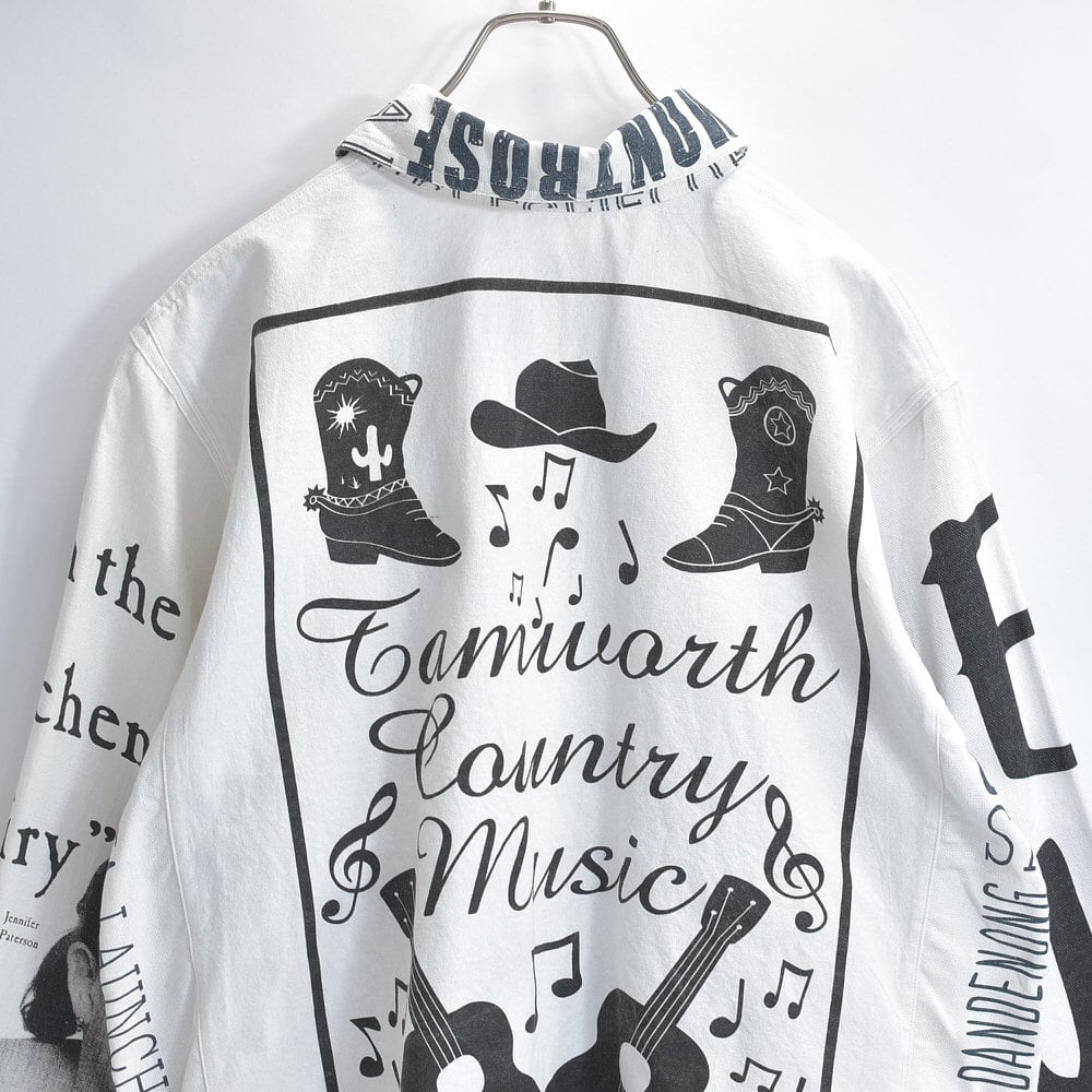 Remakeリメイク ヴィンテージ テキスタイル パッチワーク デザイン 再構築 長袖シャツ コットン リネン ツギハギ ホワイト モノトーン メンズL相当