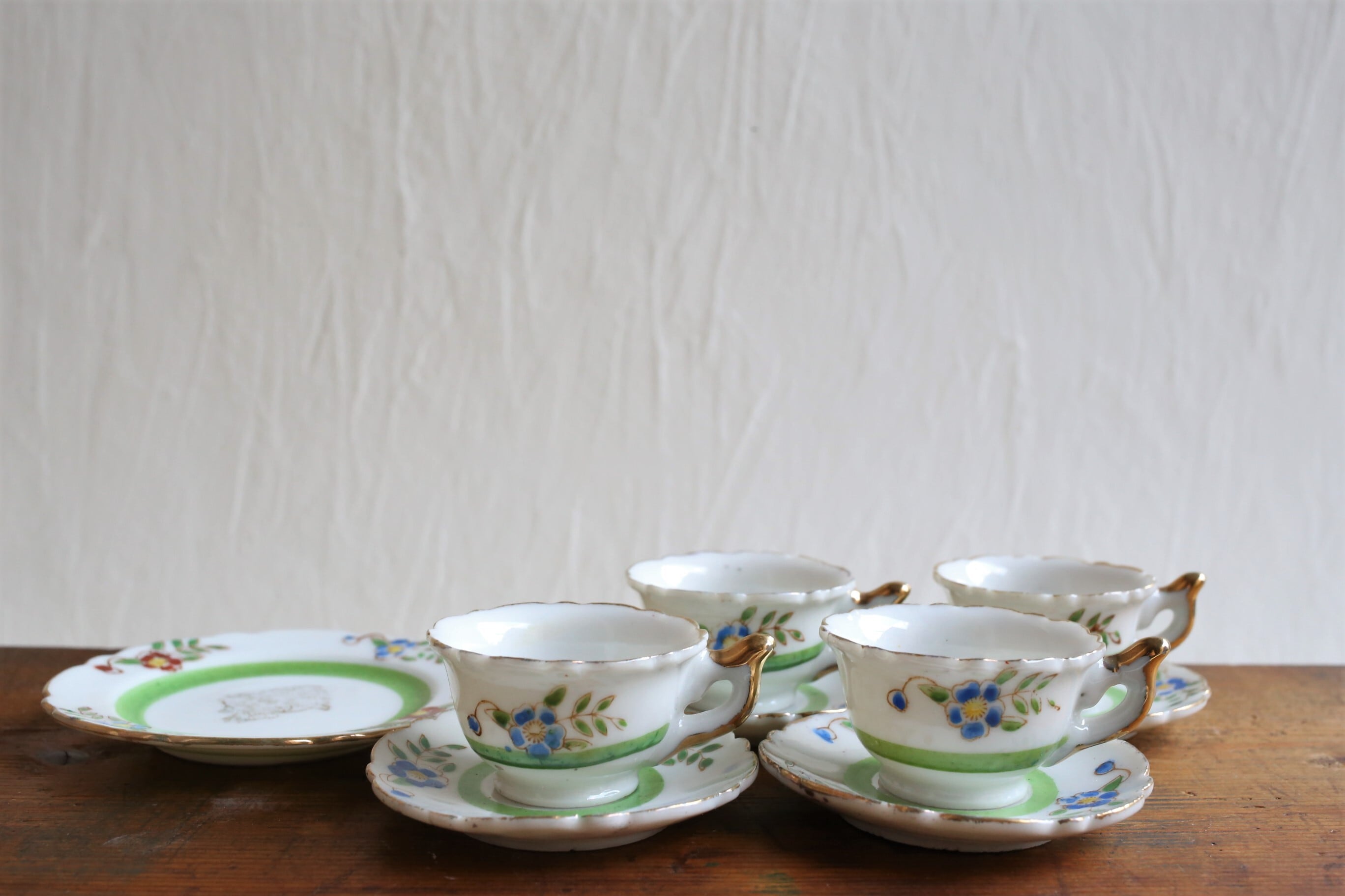 フランス アンティーク ヴィンテージ ドール dinette ままごと用 カップ&ソーサー+プレートセット(グリーン) N-02959v