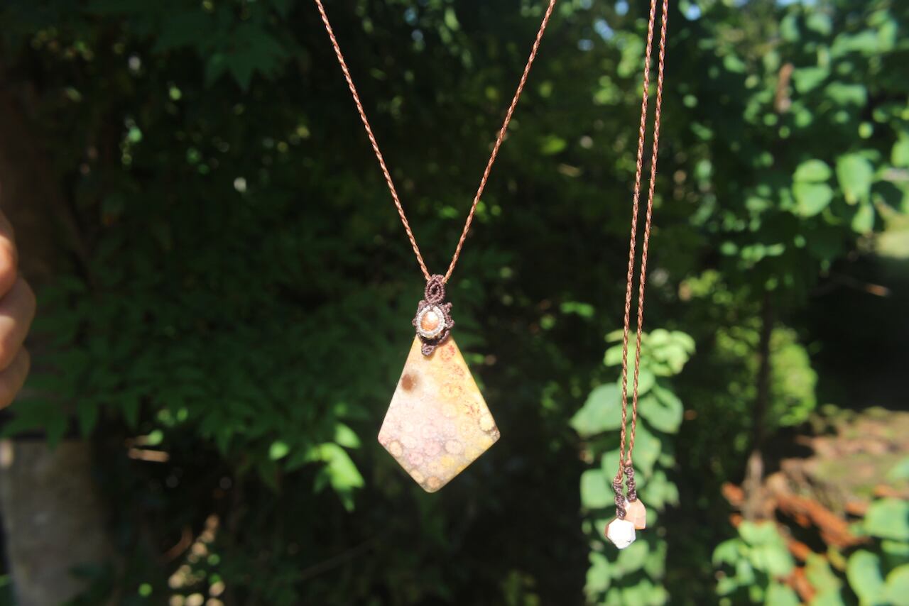 Fossil Coral & Sunstone micro macrame pendant