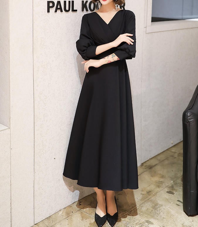 送料無料】喪服 ワンピース 長袖 きれいめ ハイウエスト Aライン V