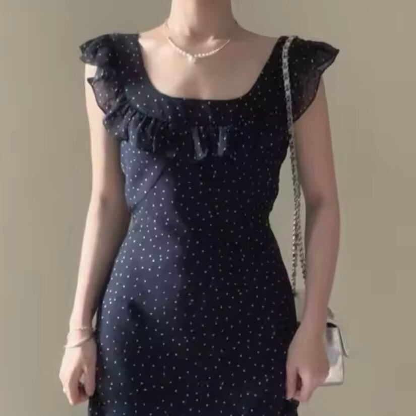 ドット柄バックリボンワンピース