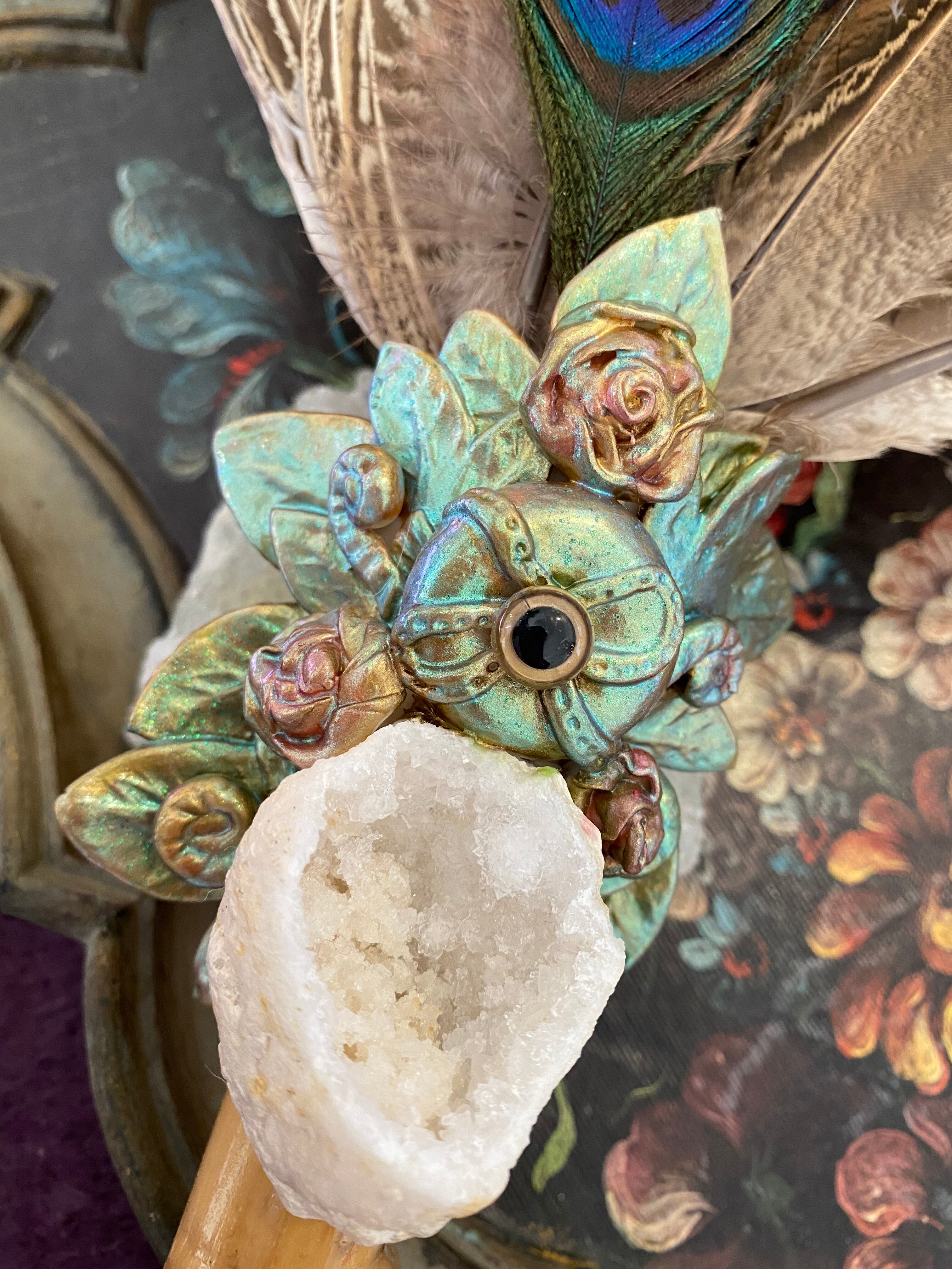 スマッジング　スマッジファン　ワンド 再販!!古代の始祖鳥の夢☆*** 水晶の晶洞石をはめ込んだ美しい