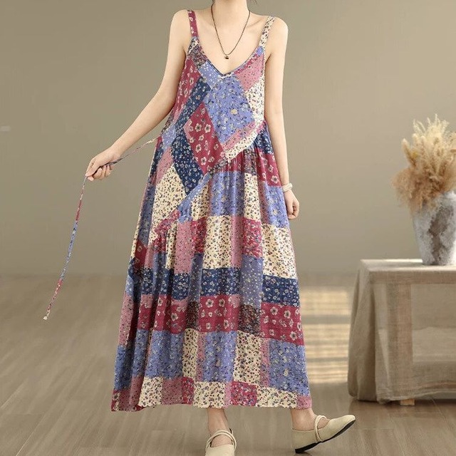 PRINT V-NECK A-LINE LONG STRAP DRESS 6colors M-16740