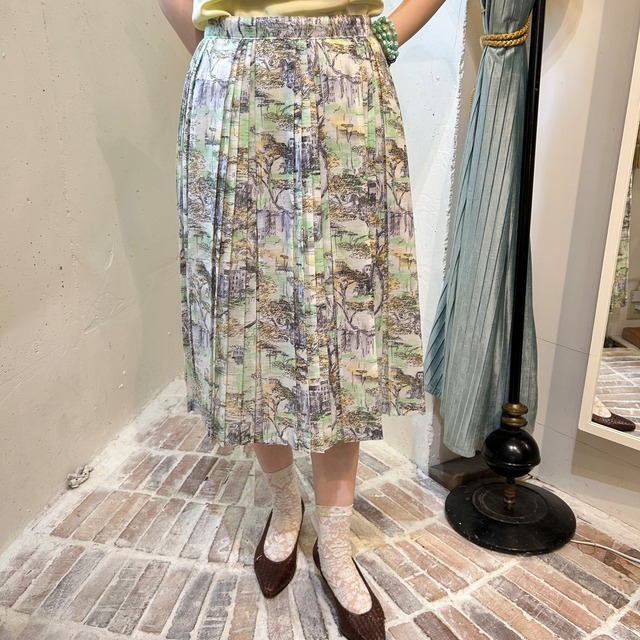 landscape print mint pleats skirt