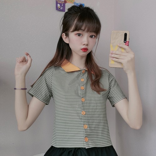 ✞ きれいめ☆ショートTシャツ シャツブラウス♥カワイイ♥ストライプ ✞ゴスロリ SM ミリ 甘ロリ クラロリ 和ロリ エレガント 黒ロリ 姫ロリ 華ロリ BB-BB8322051