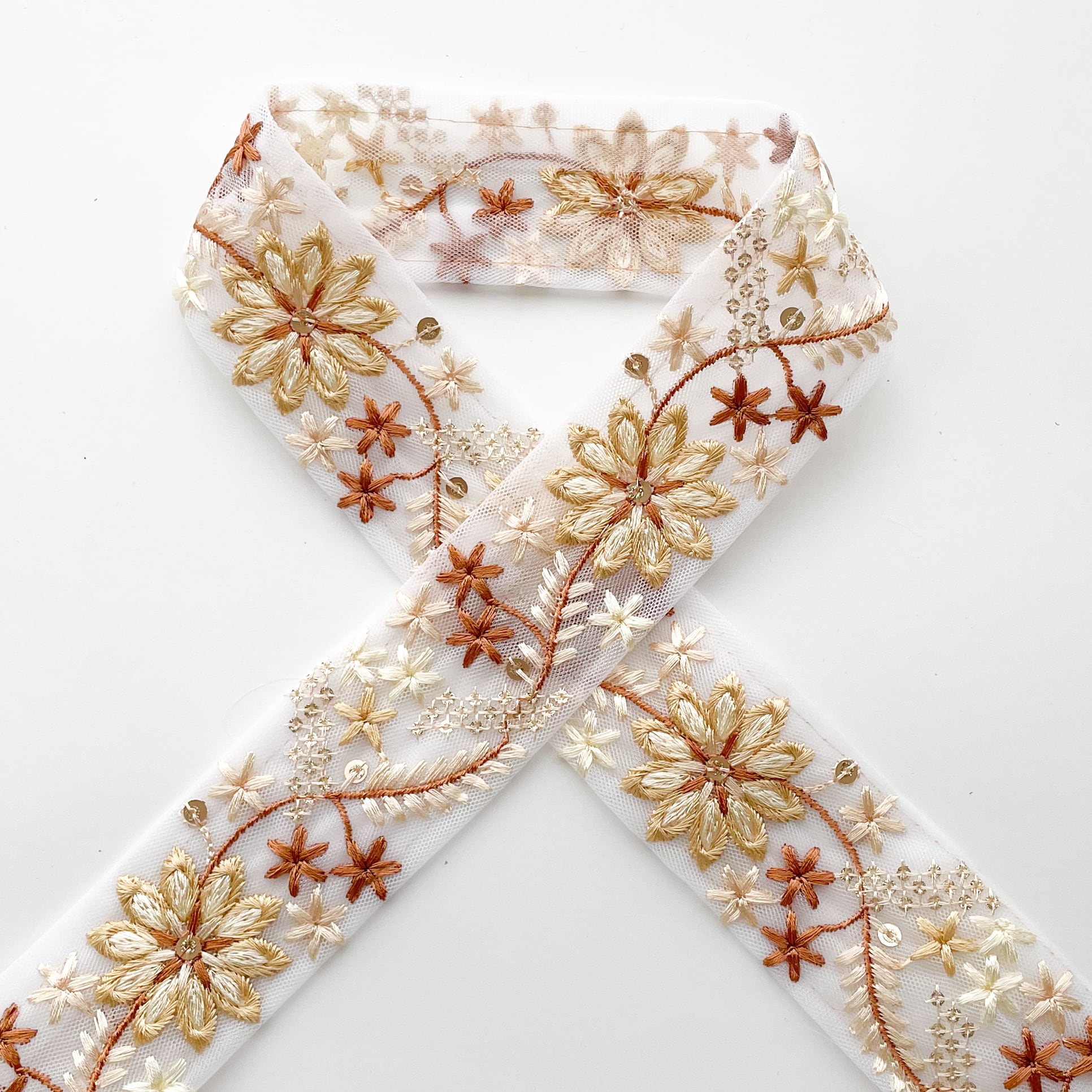 50cmカット済】ins1232 チュール菊花中太 オレンジ インド刺繍リボン