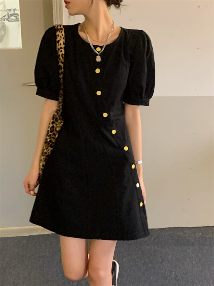 ブラックスリーブドレス サマーウェストショートスカート 夏物 モンロー90711074417