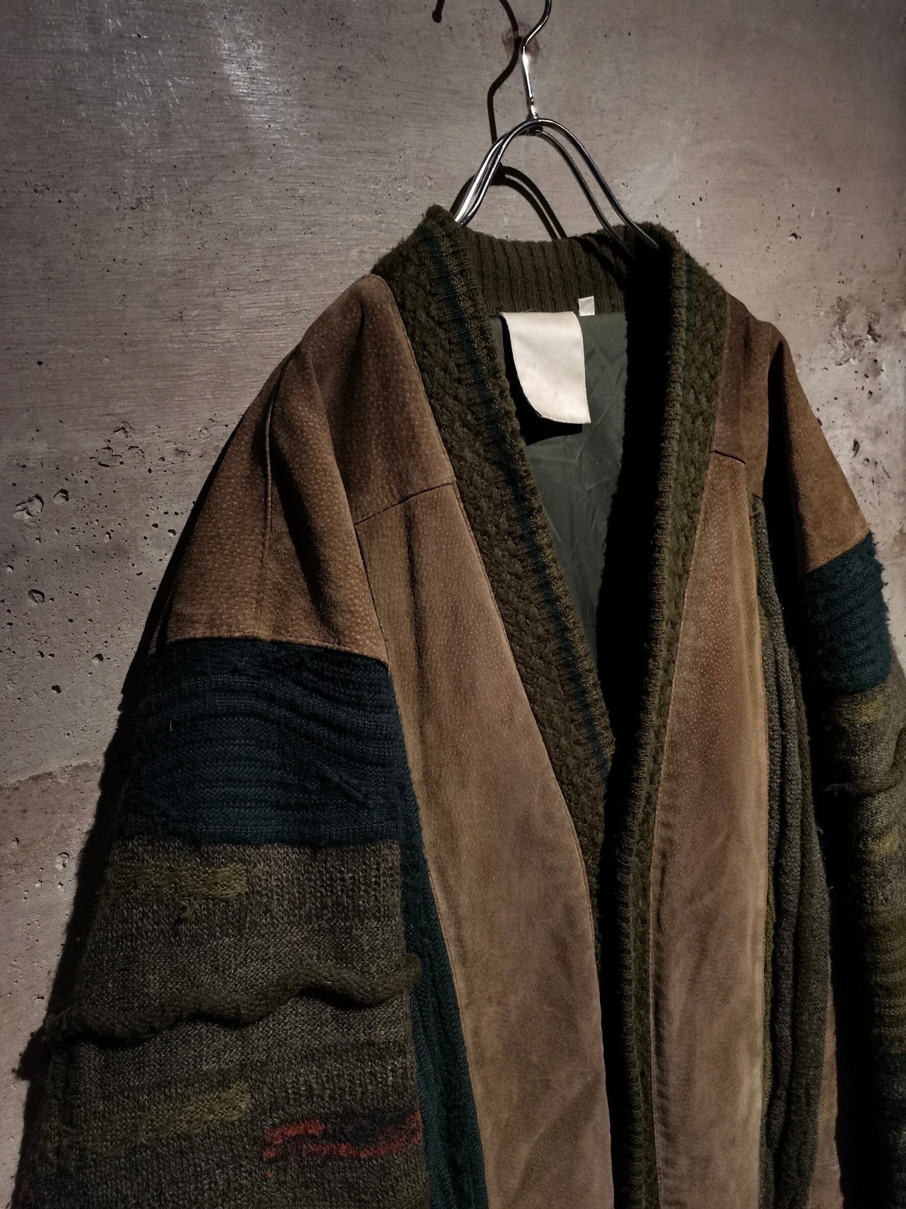 Caka】Suede Leather Switching Vintage Loose 3D Knit Cardigan 