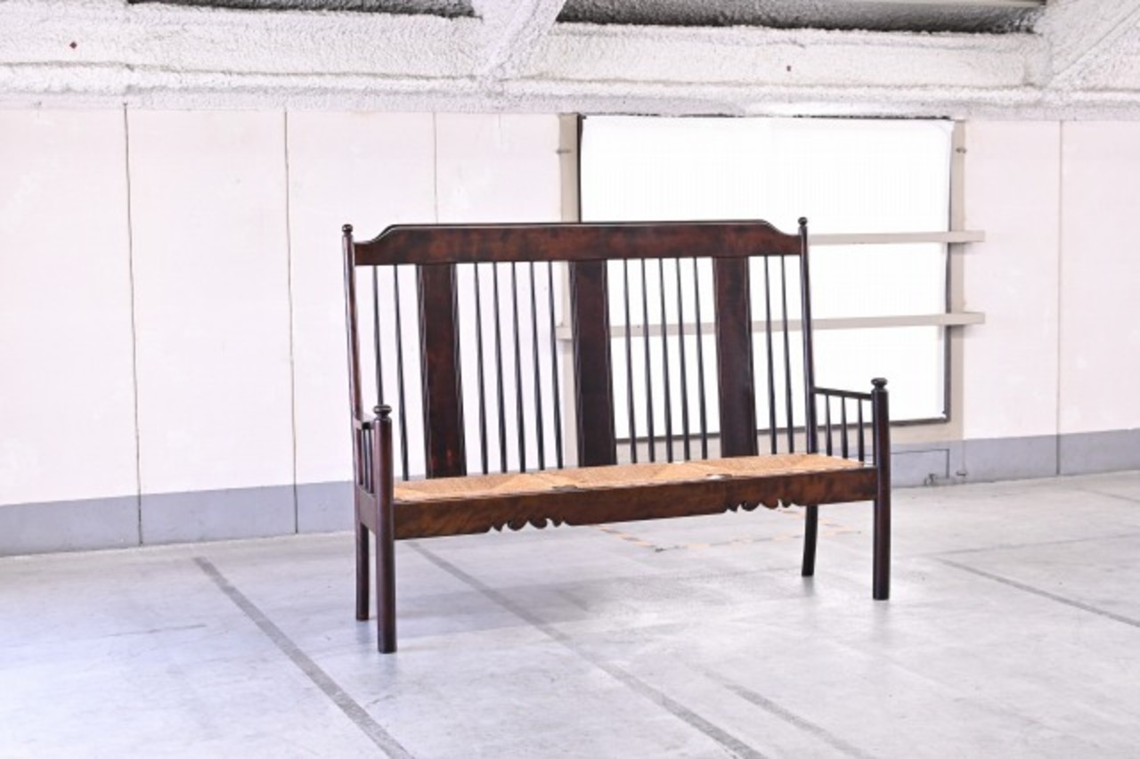 松本民芸家具「HB型ラッシアームベンチ」 ミズメザクラ 3人掛け ソファ 藺草 和風洋家具 ハイバックチェア 3p アンティーク家具【中古家具/中古インテリア/USED家具ユーズド家具/リサイクル】