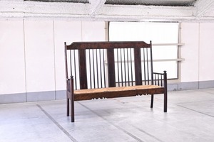 松本民芸家具「HB型ラッシアームベンチ」 ミズメザクラ 3人掛け ソファ 藺草 和風洋家具 ハイバックチェア 3p アンティーク家具【中古家具/中古インテリア/USED家具ユーズド家具/リサイクル】