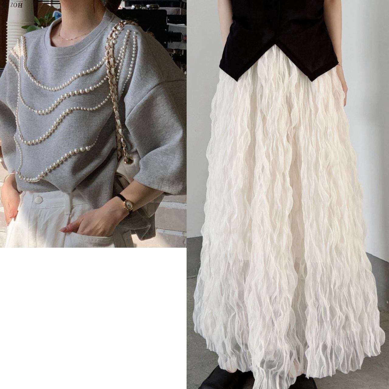【2set】Pearl Detail Top & Sheer Skirt L00919