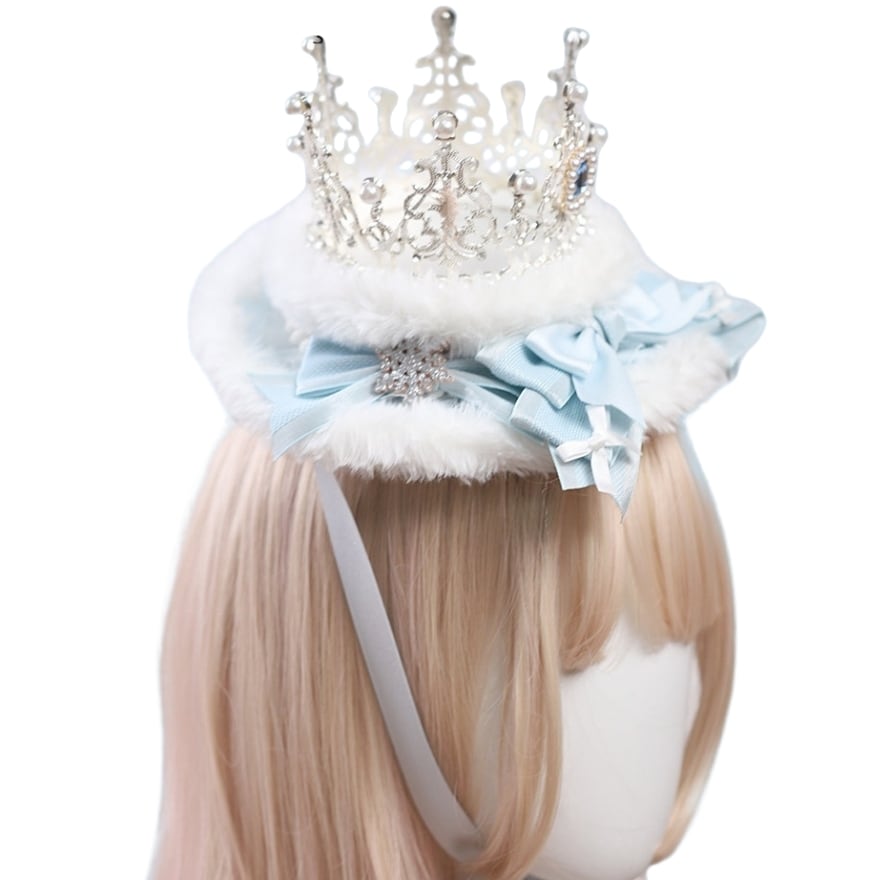 クラウンモチーフ|シルバー装飾×ファーリボンのプリンセス系ロリィタヘッドドレス